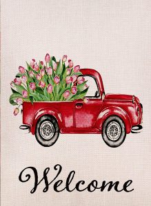 Valentines Red Truck Tulip Garden Flag